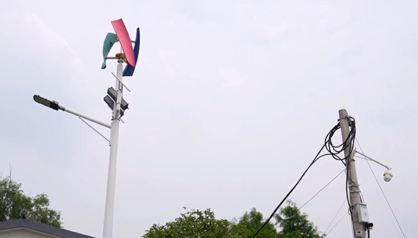 棉船岛上的风光互补智慧路灯和传统电线杆。受访者供图