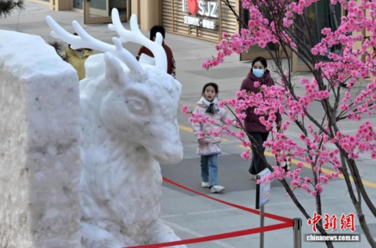 河北石家庄街头雪雕引市民打卡