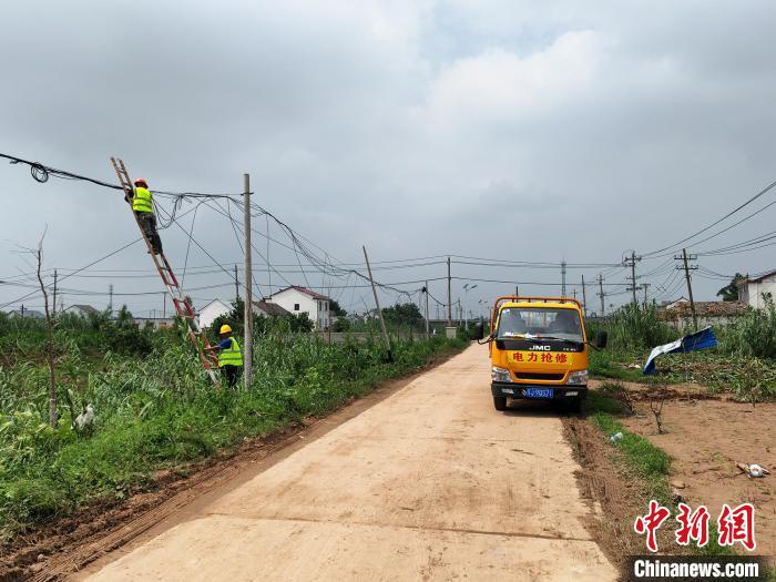 供电部门工作人员在抢修线路。　谷华 摄