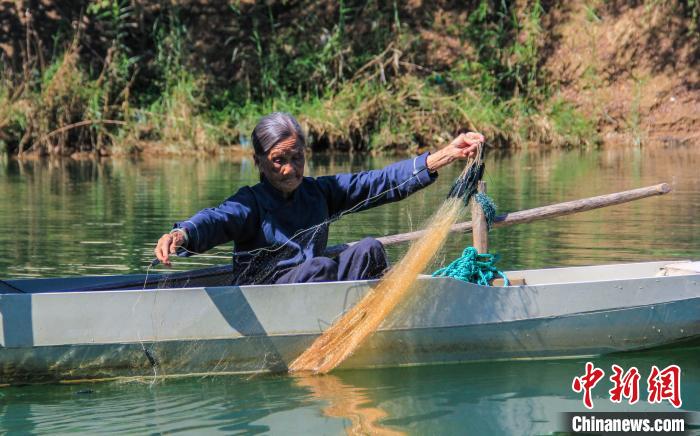 图为唐二妹在放鱼网。 杨宗盛 摄 图为唐二妹在放鱼网。 杨宗盛 摄