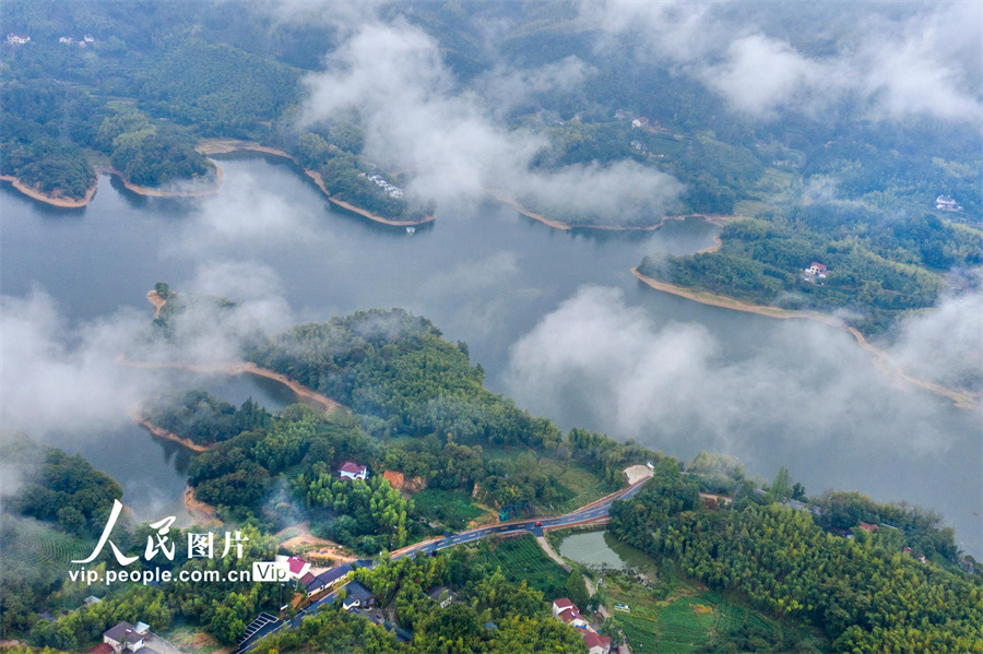 10月7日，浙江省湖州市安吉县鄣吴镇秋雨连绵，山乡云雾缭绕。